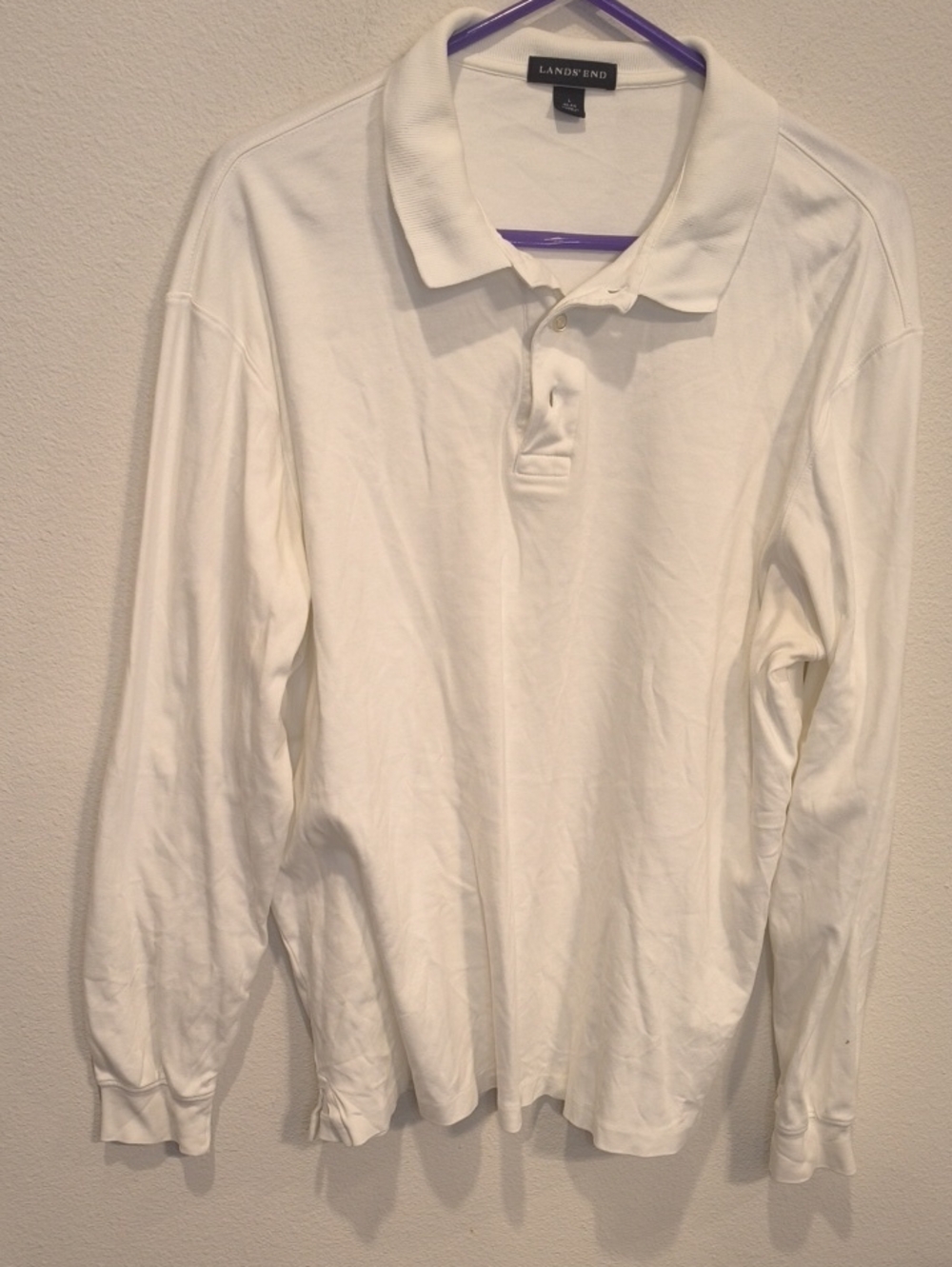 Lands' End Men's Long Sleeve Polo Shirt in White Large
